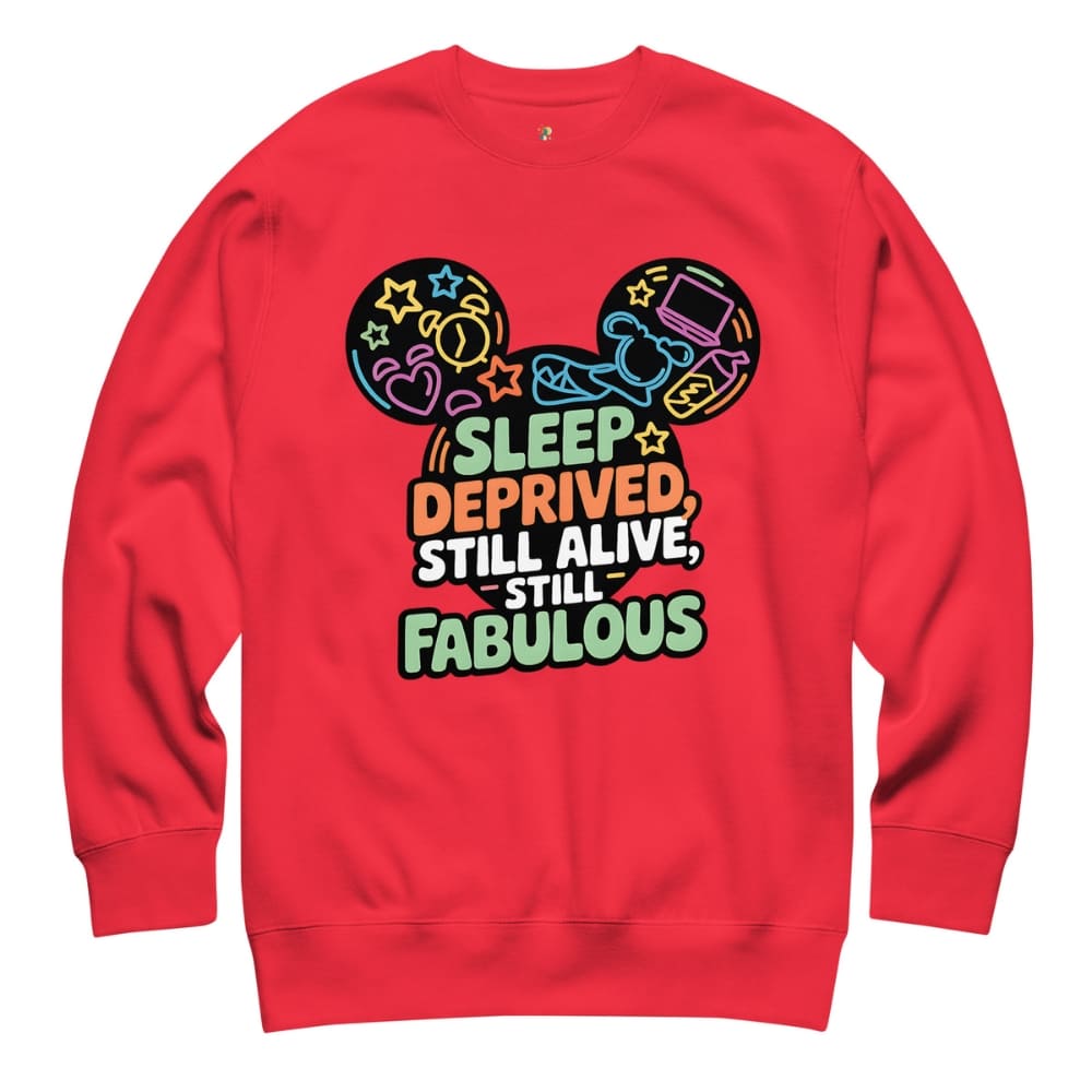 Red sweatshirt with colorful graphic and text on a white background