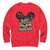 Red sweatshirt with colorful graphic and text on a white background
