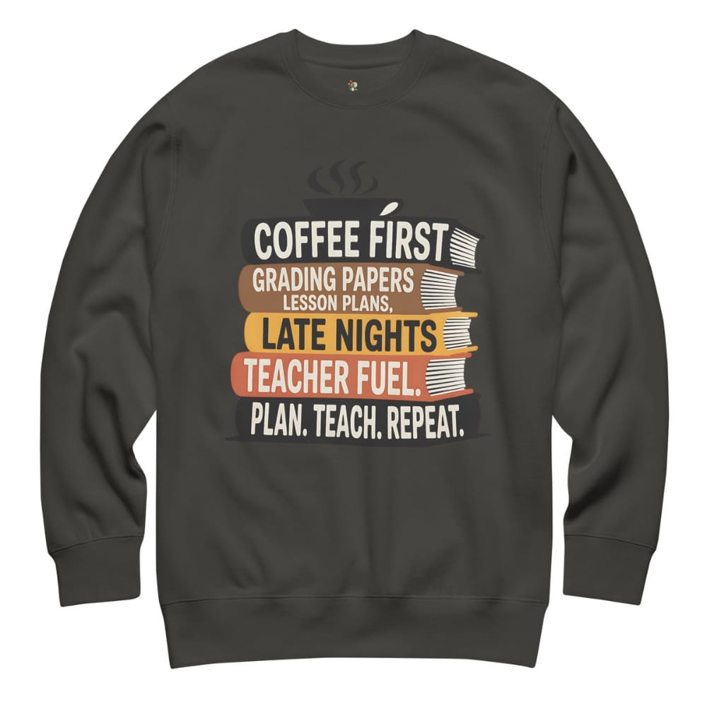 Dark gray sweatshirt with colorful text and book graphic on a white background