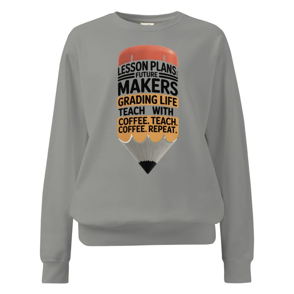 Gray sweatshirt with a pencil graphic and text on a white background