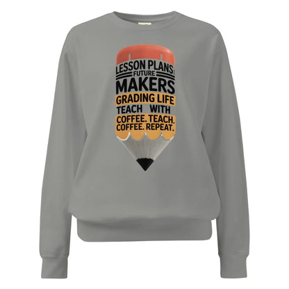 Gray sweatshirt with a pencil graphic and text on a white background