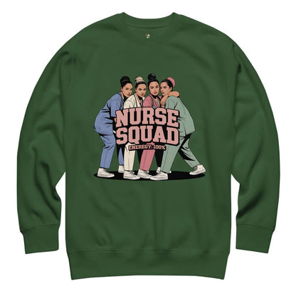 Green sweatshirt with 'Nurse Squad' graphic on a white background