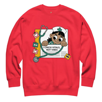 Red sweatshirt with a graphic of a nurse and medical-themed design on a white background