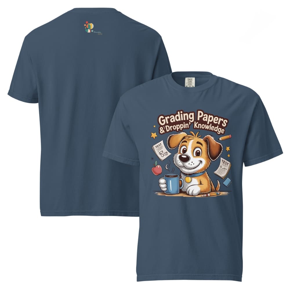 Navy blue t-shirt with a cartoon dog graphic and text on the front, displayed with the back showing a small logo.