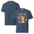 Navy blue t-shirt with a cartoon dog graphic and text on the front, displayed with the back showing a small logo.