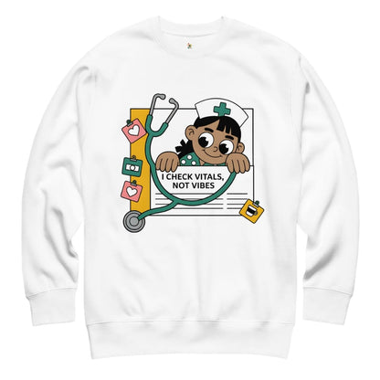 White sweatshirt with a cartoon character holding a stethoscope and text on a white background