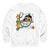 White sweatshirt with a cartoon character holding a stethoscope and text on a white background