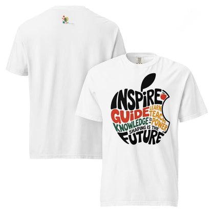 White t-shirt with colorful graphic design and text on a white background