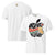 White t-shirt with colorful graphic design and text on a white background