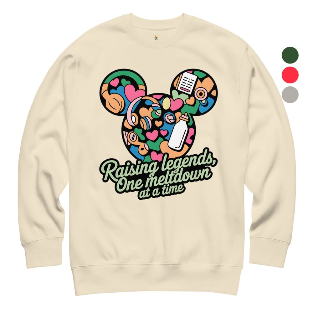 Beige sweatshirt with colorful graphic and text on a white background