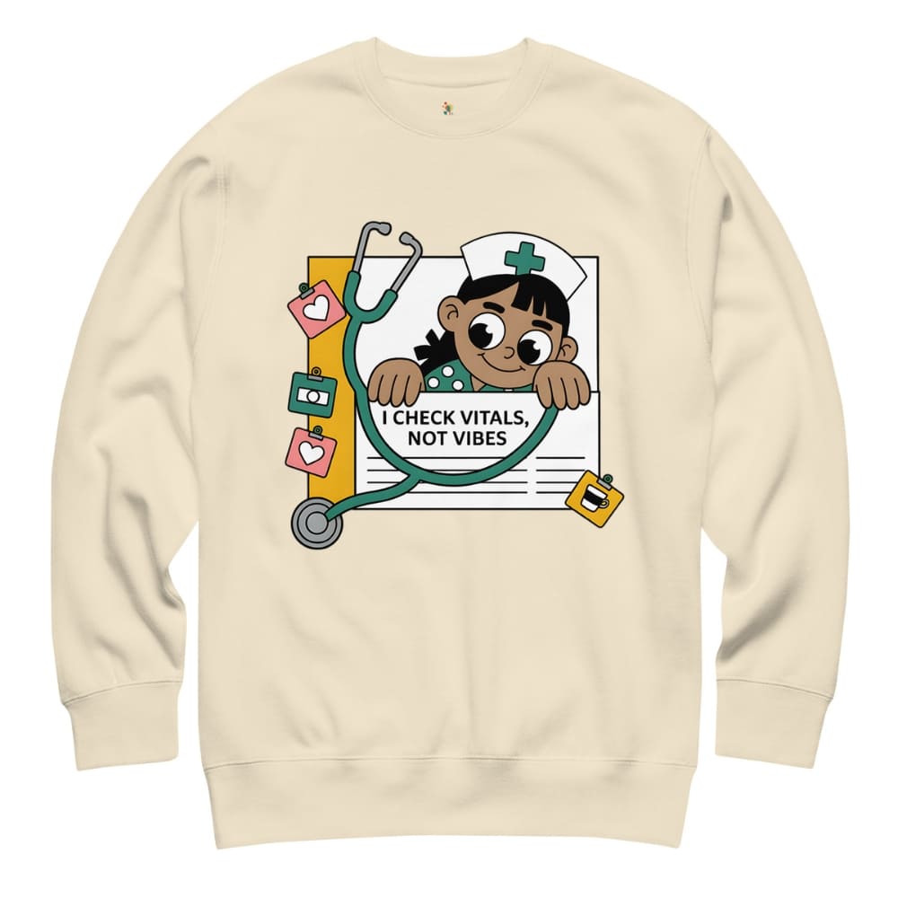 Beige sweatshirt with a cartoon character holding a stethoscope and text on a white background