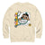 Beige sweatshirt with a cartoon character holding a stethoscope and text on a white background