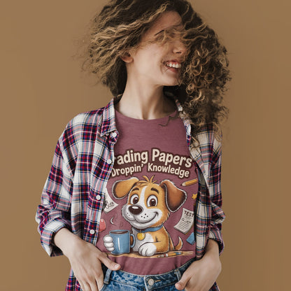 Woman wearing a t-shirt with a cartoon dog and text, standing against a brown background