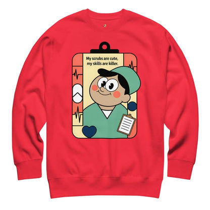 Red sweatshirt with a cartoon character and text on a white background