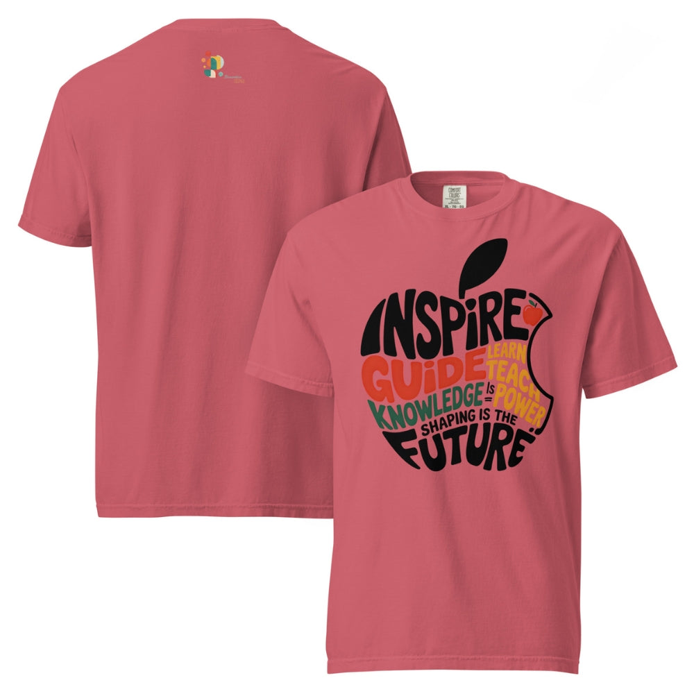 Red t-shirt with an apple design and text on a white background