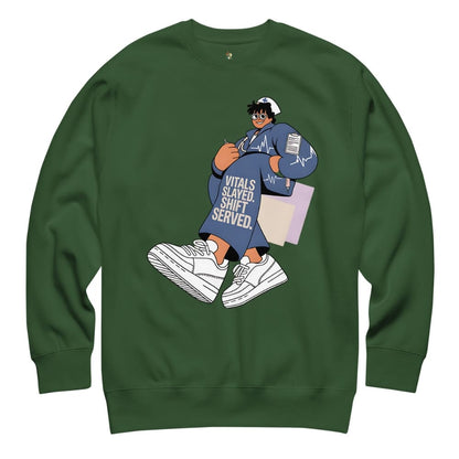 Green sweatshirt with a graphic of a person sitting and text on a white background