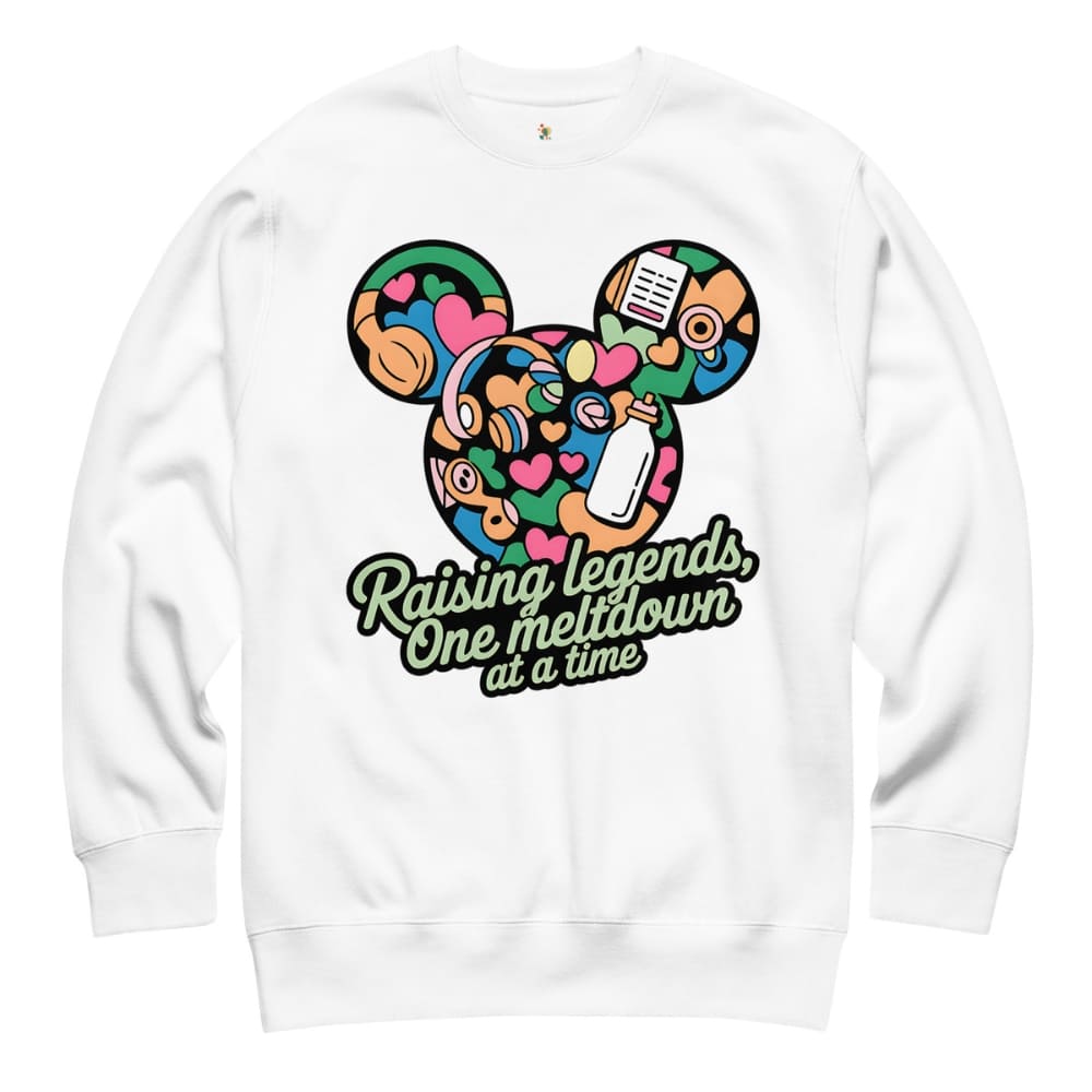 White sweatshirt with colorful graphic and text on a white background