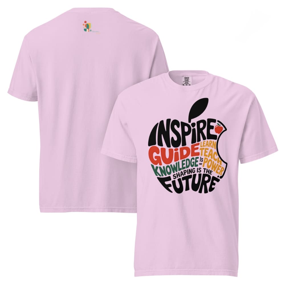 Pink t-shirt with educational-themed design on a white background