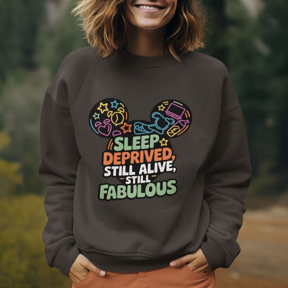 Person wearing a dark gray sweatshirt with colorful text and graphics outdoors.