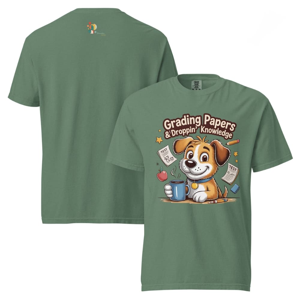 Green t-shirt with a cartoon dog design and text 'Grading Papers & Dropping Knowledge' on a white background.