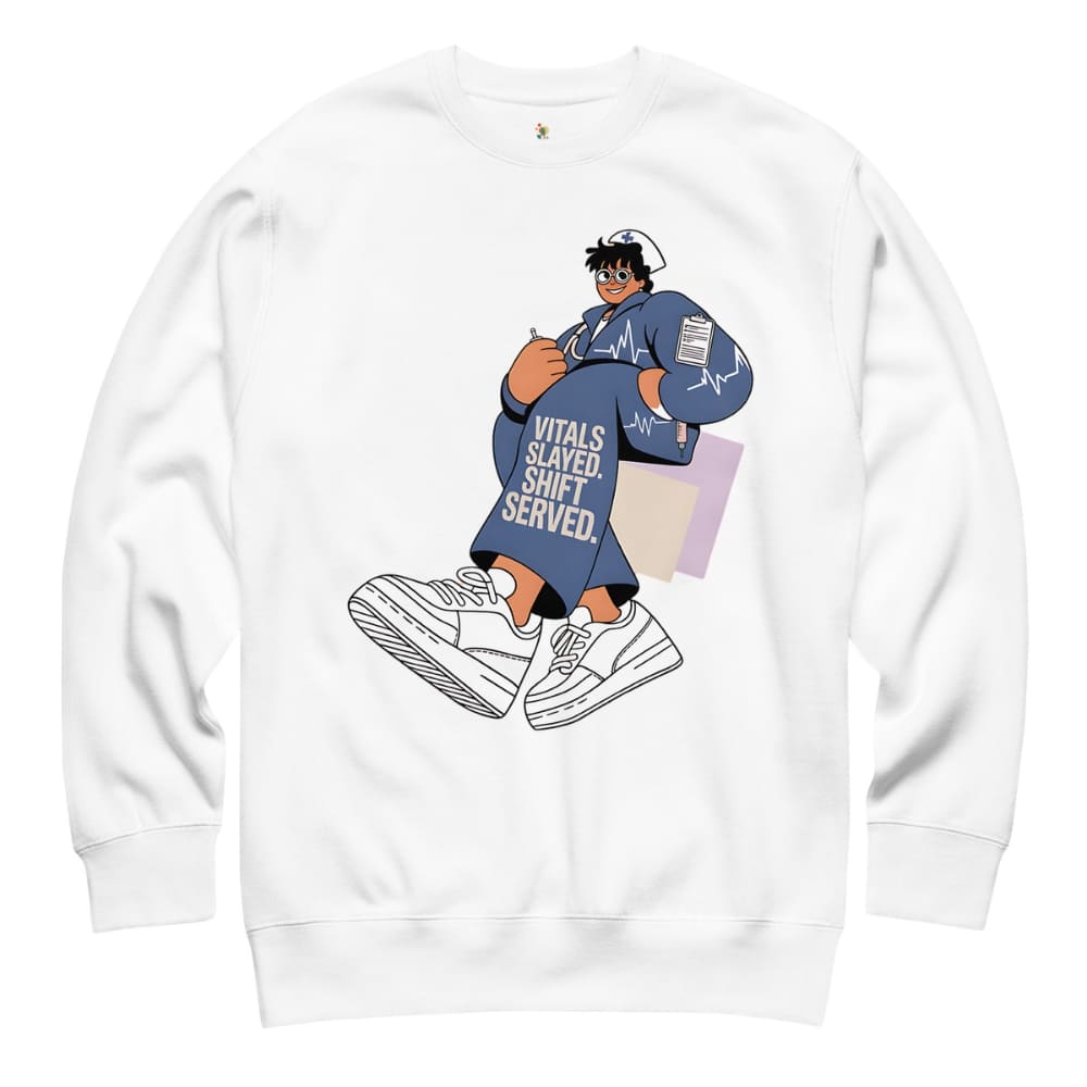 White sweatshirt with a graphic of a person in a blue outfit and sneakers on a white background