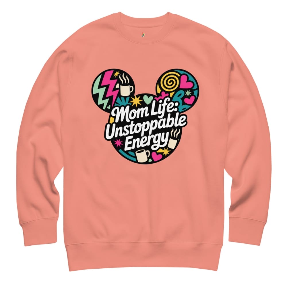 Peach-colored sweatshirt with colorful graphic and text on a white background