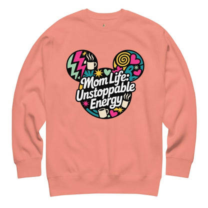 Peach-colored sweatshirt with colorful graphic and text on a white background