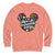 Peach-colored sweatshirt with colorful graphic and text on a white background