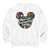 White sweatshirt with colorful graphic and text 'Mom Life: Unstoppable Energy' on a white background