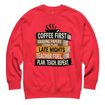 Red sweatshirt with teacher-themed text design on a white background