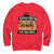 Red sweatshirt with teacher-themed text design on a white background