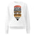 White sweatshirt with a pencil graphic and text on a white background