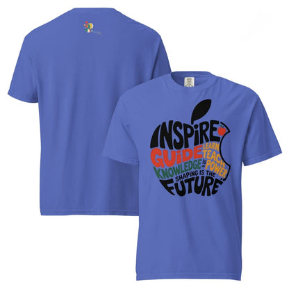 Blue t-shirt with an apple graphic and motivational text on a white background