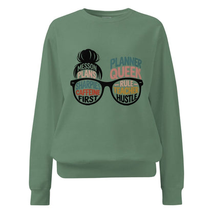 Green sweatshirt with text and graphic design on a white background