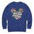 Blue sweatshirt with colorful graphic and text 'Mom Life: Unstoppable Energy' on a white background
