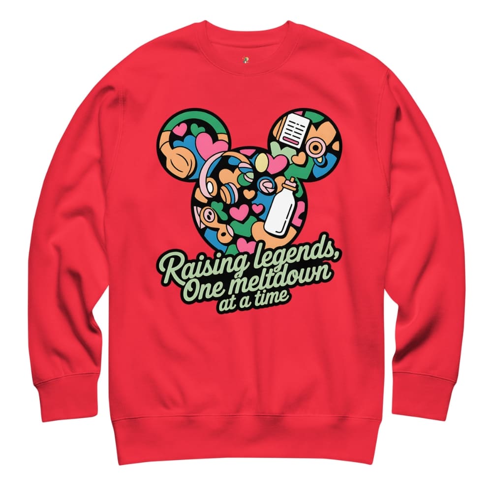 Red sweatshirt with colorful graphic and text on a white background
