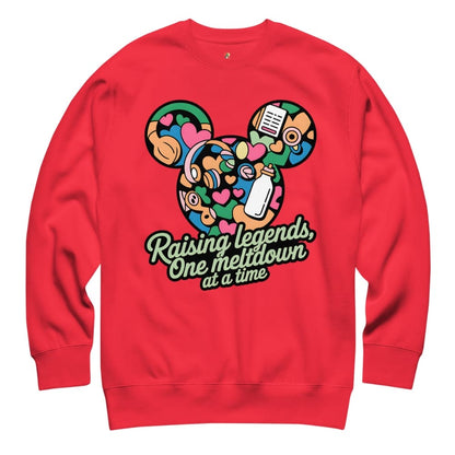 Red sweatshirt with colorful graphic and text on a white background