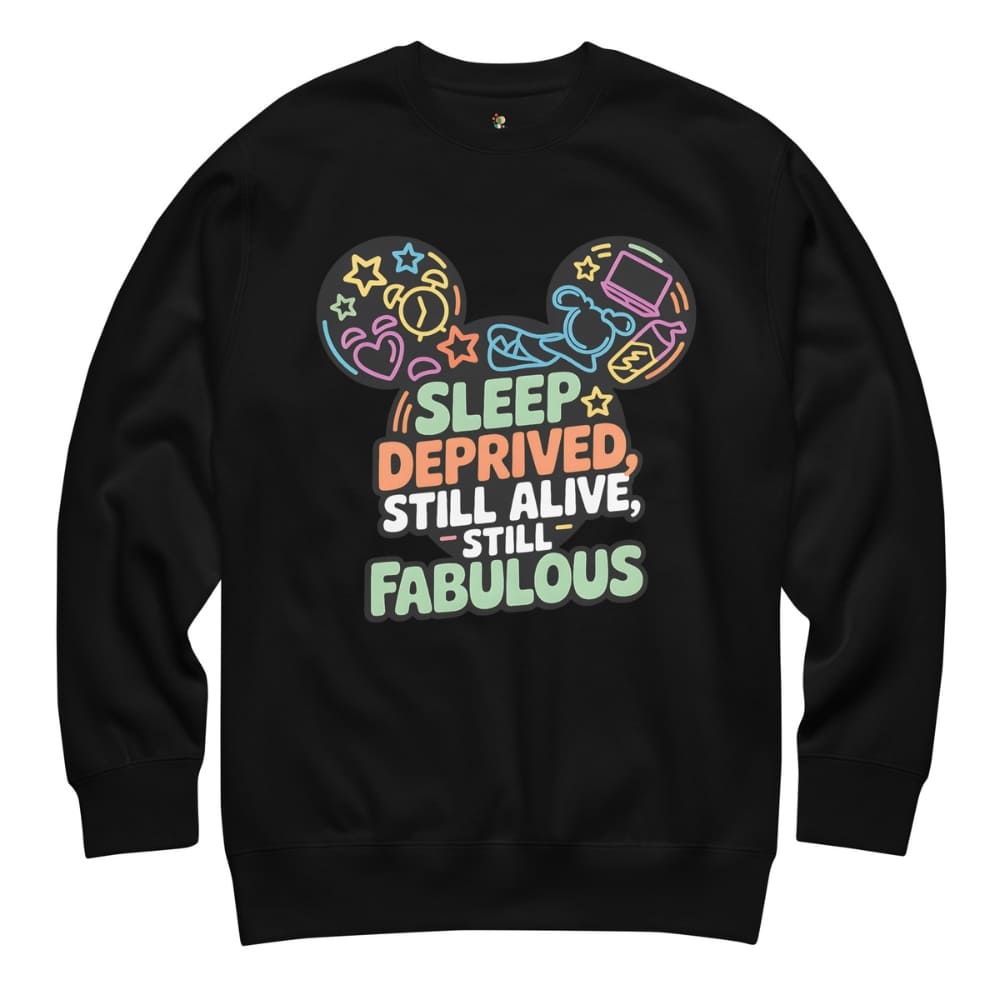 Black sweatshirt with colorful graphic and text on a white background
