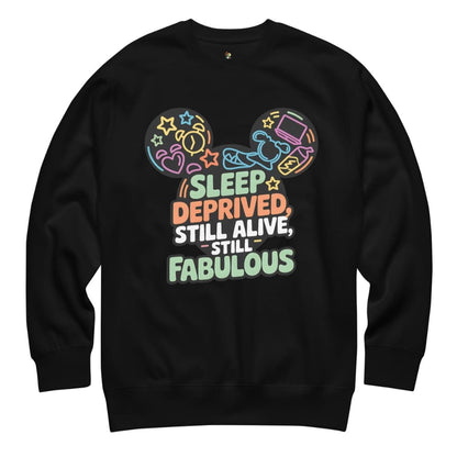 Black sweatshirt with colorful graphic and text on a white background