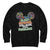 Black sweatshirt with colorful graphic and text on a white background