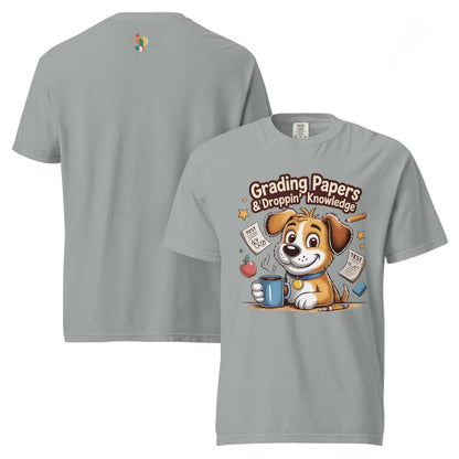 Gray t-shirt with a cartoon dog design and text on a white background
