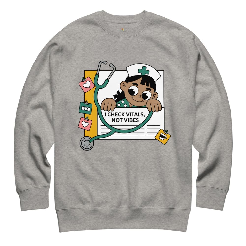 Gray sweatshirt with a cartoon nurse design and text on a white background
