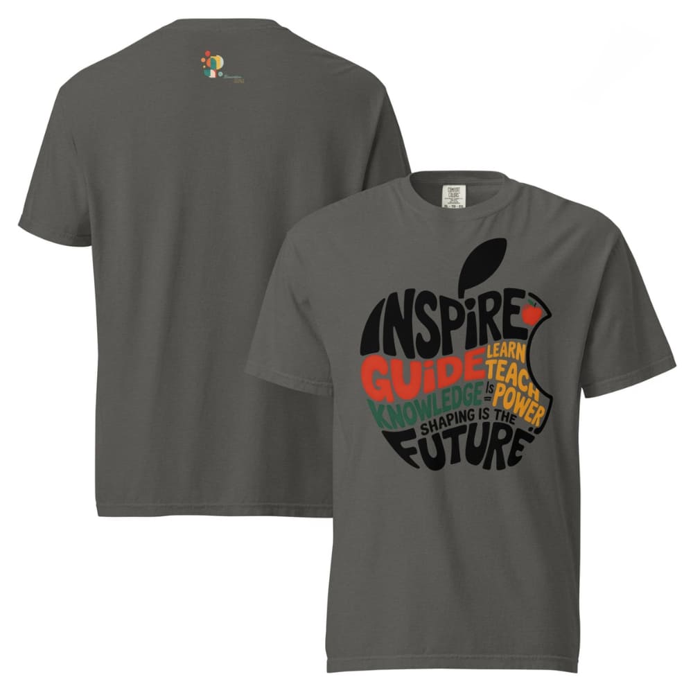 Gray t-shirt with educational-themed design on front and back