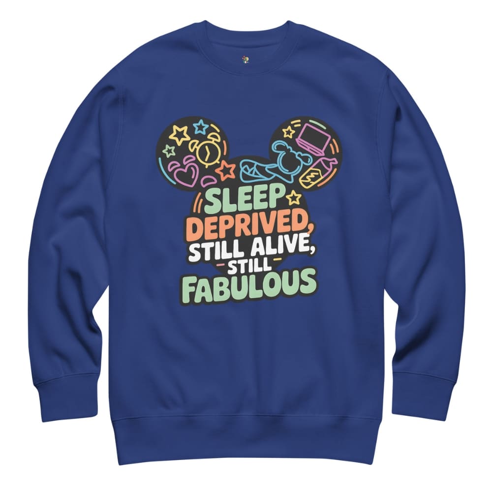 Blue sweatshirt with colorful graphic and text on a white background