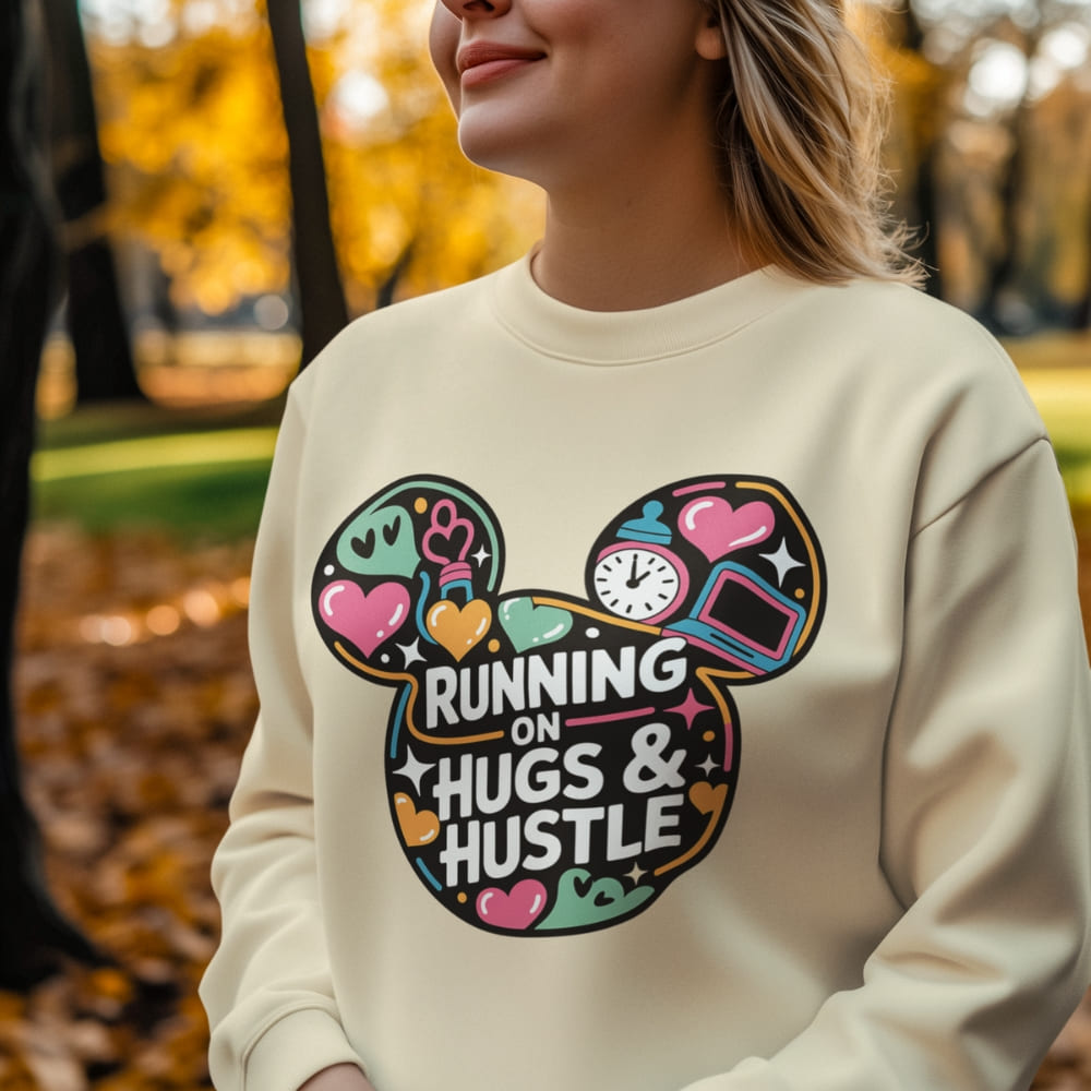 Person wearing a cream sweatshirt with a colorful graphic and text 'Running on Hugs & Hustle' in an outdoor setting.