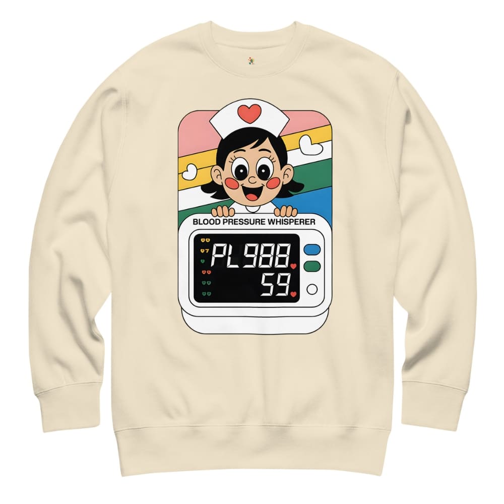 Beige sweatshirt with a cartoon character and digital display design on a white background