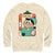 Beige sweatshirt with a cartoon character and text on a white background