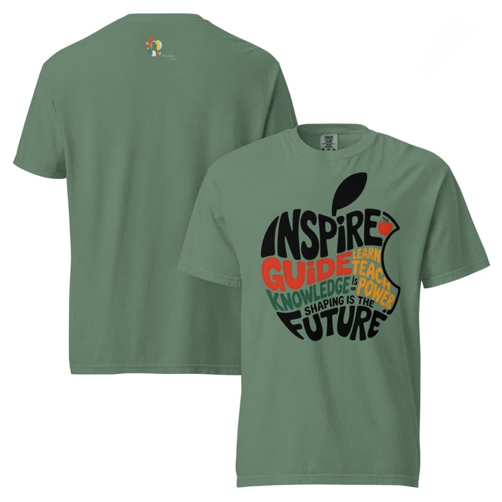 Green t-shirt with educational design on front and back