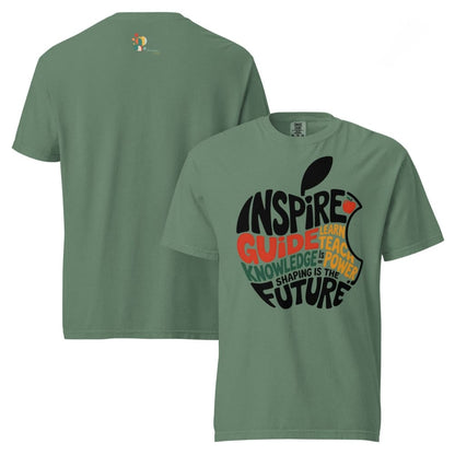 Green t-shirt with educational design on front and back