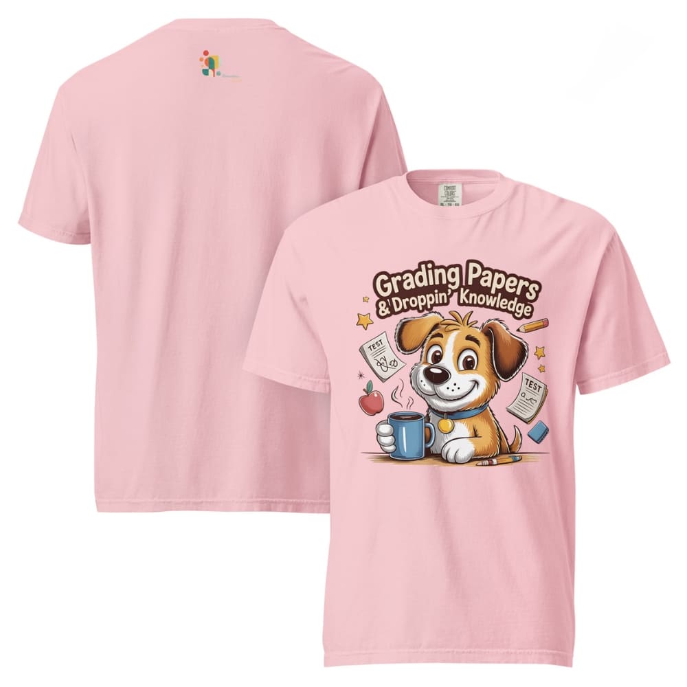 Pink t-shirt with a cartoon dog holding a mug and text 'Grading Papers & Droppin' Knowledge' on a white background.